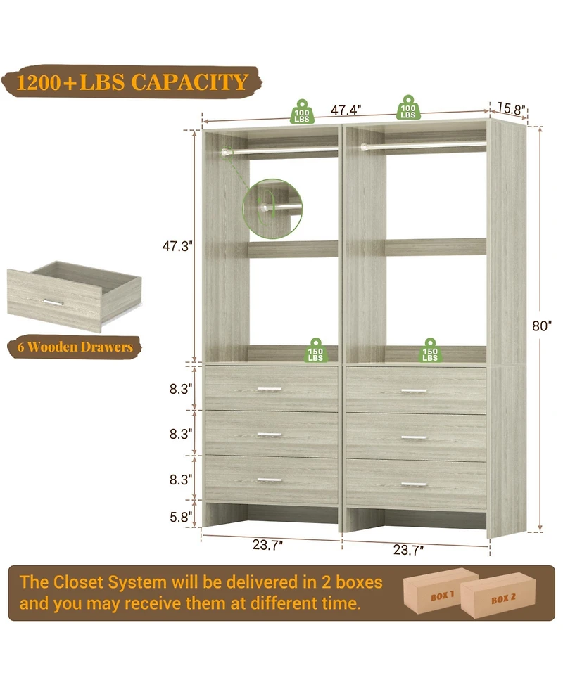 Aheaplus 48-In Closet Organizer System with Wooden Drawers and Hanging Rods