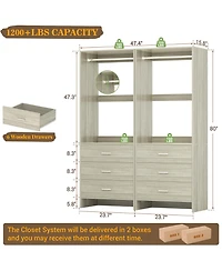 Aheaplus 48-In Closet Organizer System with Wooden Drawers and Hanging Rods
