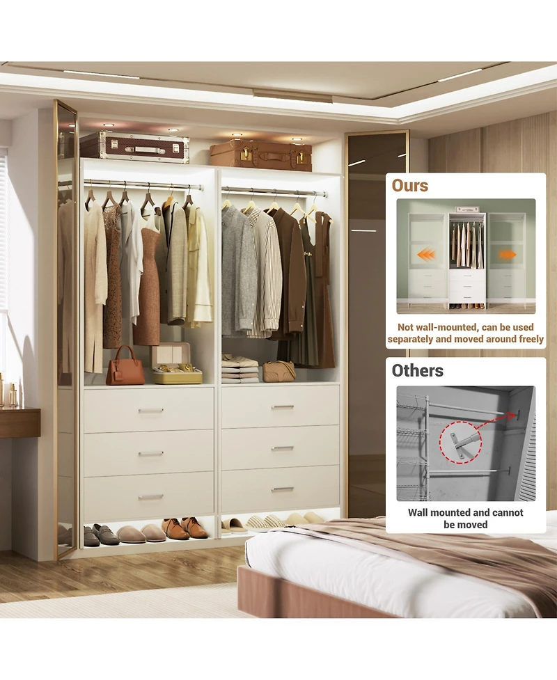 Aheaplus 48-In Closet Organizer System with Wooden Drawers and Hanging Rods
