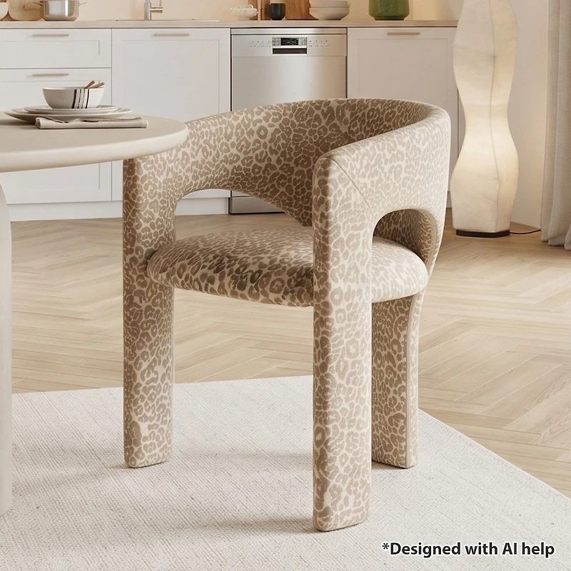Maison Boucle Upholstered Leopard Print Accent Chair, Fabric, Dining Armchair With Curved Back, Padded Seat, Open Back Design