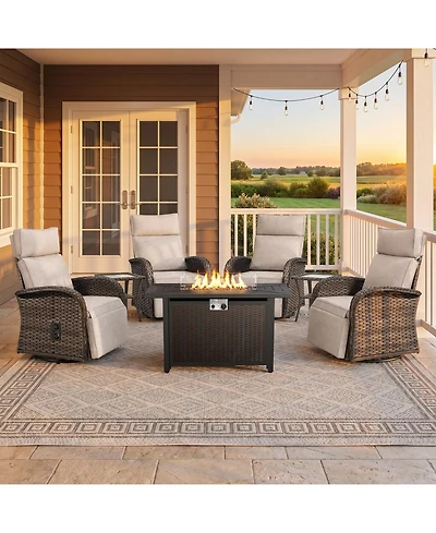 Pocassy 7Pcs Outdoor Swivel Recliner Chair with 50,000 Btu Fire Pit Table Wicker Rattan Bistro Set Tempered Glass Side