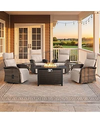 Pocassy 7Pcs Outdoor Swivel Recliner Chair with 50,000 Btu Fire Pit Table Wicker Rattan Bistro Set Tempered Glass Side