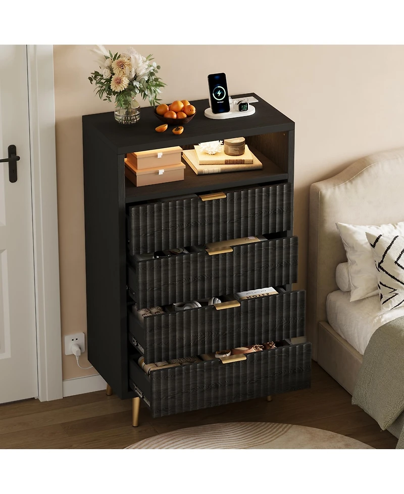 homfan 4 Drawers Dresser 28" Wooden Unit with Led and Charging, Fluted Night Stand Handle, Modern Dressers for Closet, Living Room, Hallway