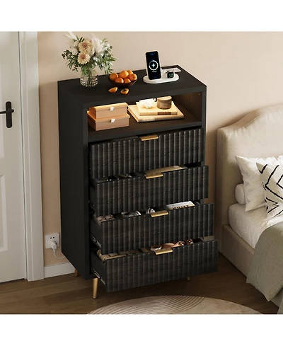 homfan 4 Drawers Dresser 28" Wooden Unit with Led and Charging, Fluted Night Stand Handle, Modern Dressers for Closet, Living Room, Hallway