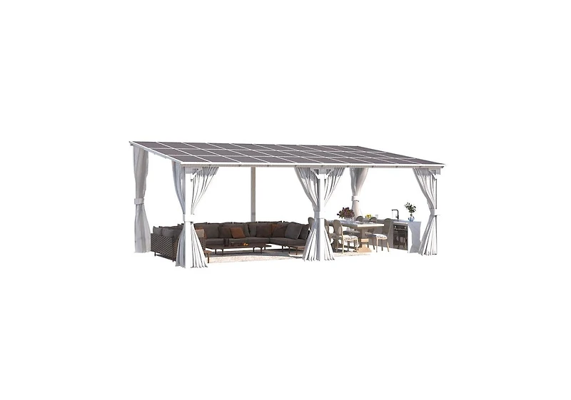 Aecojoy 20' x 12'Wall Mounted Hardtop Gazebo Lean to Metal Pergola with Curtains Netting Patio