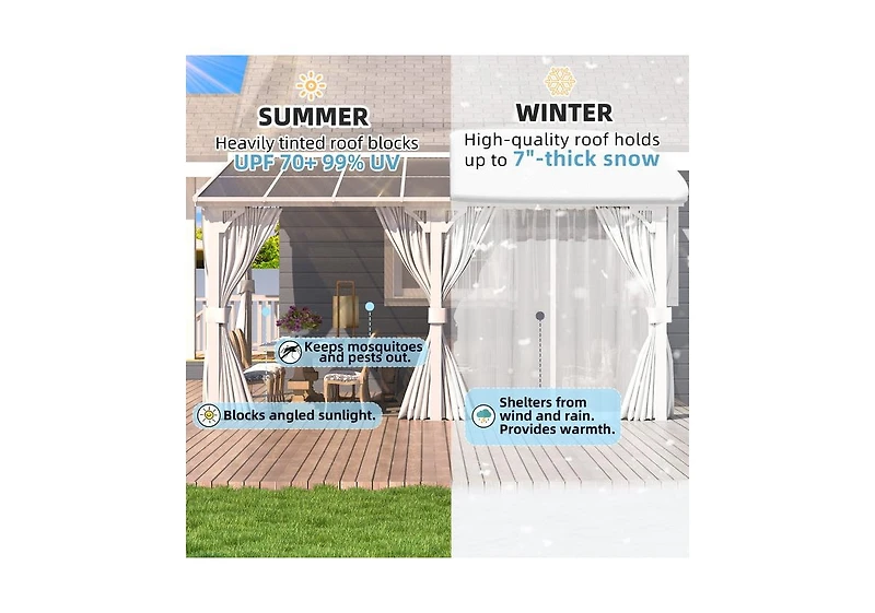 Aecojoy 16' x 10'Wall Mounted Hardtop Gazebo Lean to Metal Pergola with Curtains Netting Patio
