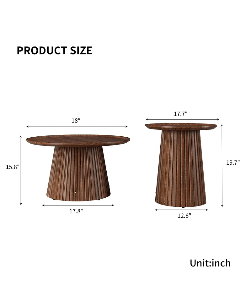 Streamdale Furniture Set of 2 Round Wooden Coffee Tables, Modern Walnut Finish