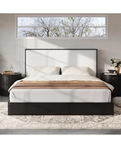 Streamdale Furniture Solid Wood Queen Platform Bed with Boucle Upholstered Headboard