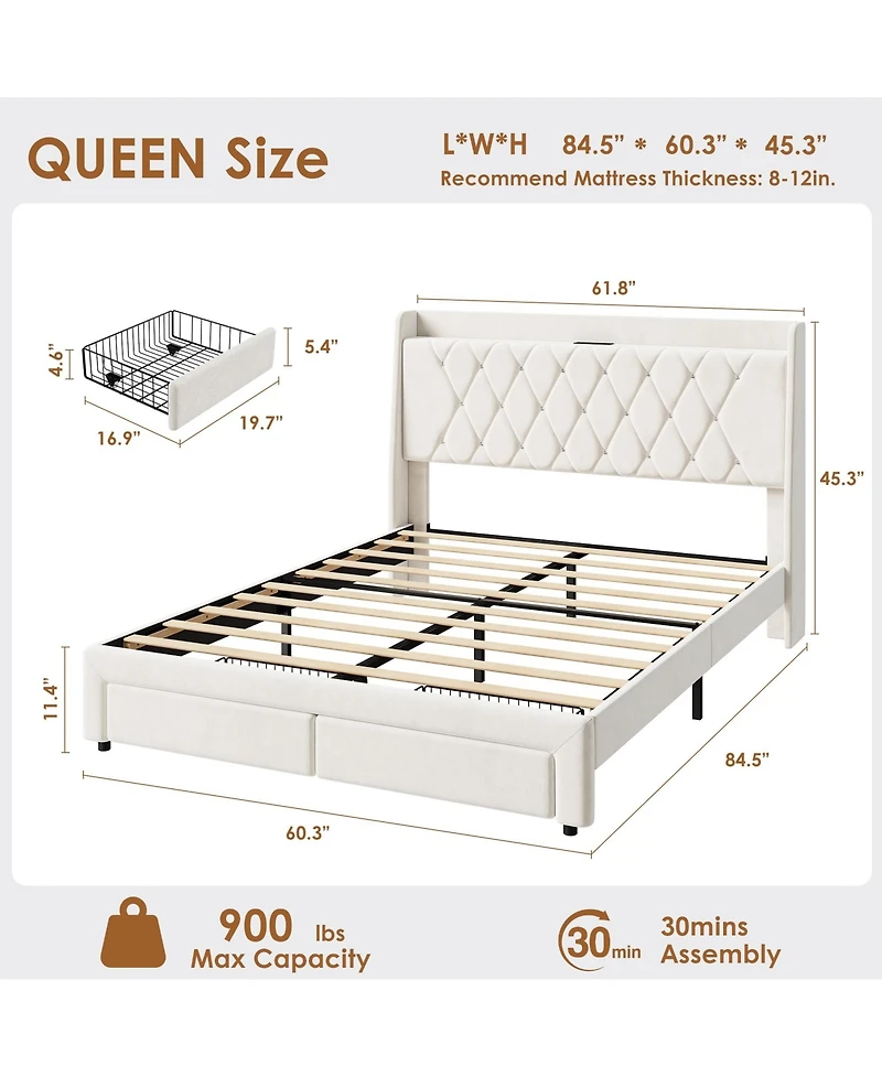 homfan Velvet Upholstered Platform Bed Frame with Crystal Tufted Headboard, 2 Storage Drawers, Built-in Charging, Slat Support