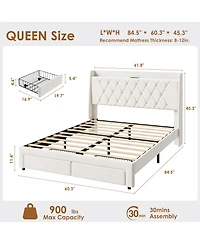 homfan Velvet Upholstered Platform Bed Frame with Crystal Tufted Headboard, 2 Storage Drawers, Built-in Charging, Slat Support