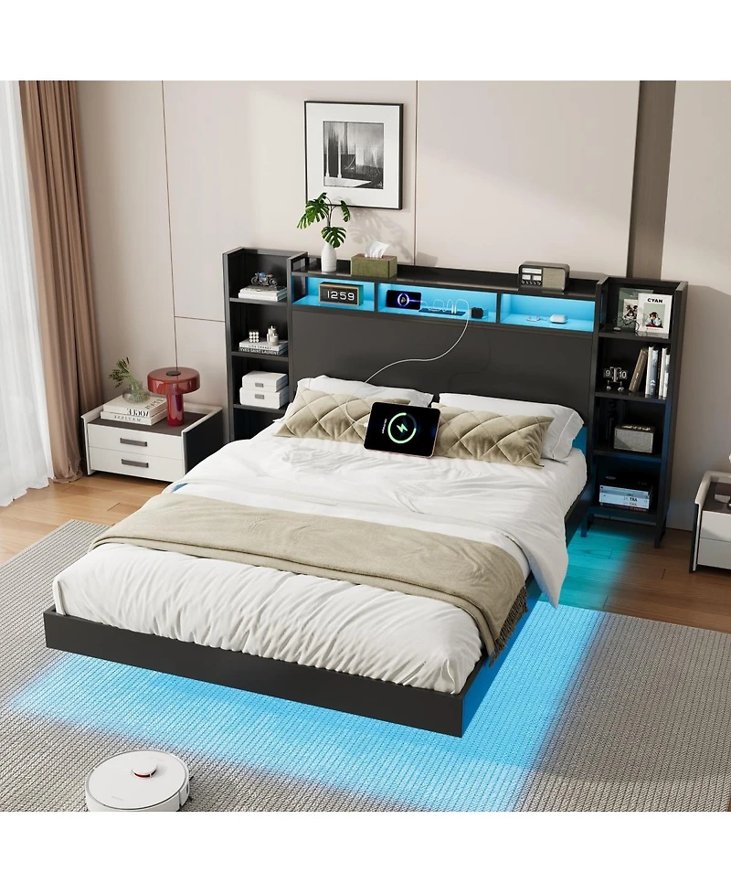 Streamdale Furniture King Size Floating Bed Frame with Led Lights, Usb Ports and Storage Headboard