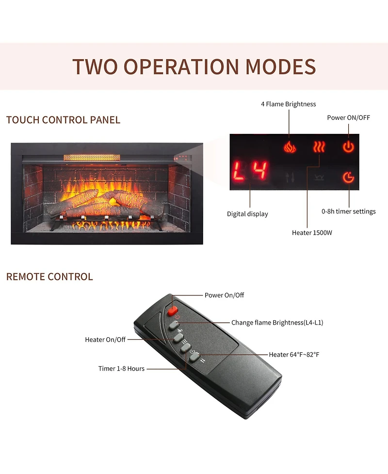 Mondawe 36 inch Infrared Electric Fireplace with Removable Trim kit Insert, Touch Panel Home Decor Heater