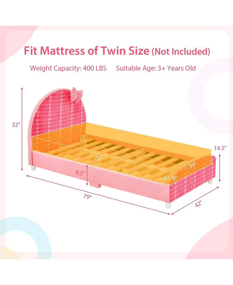 Gouun Wood Upholstered Twin Bed Platform with Slat Support