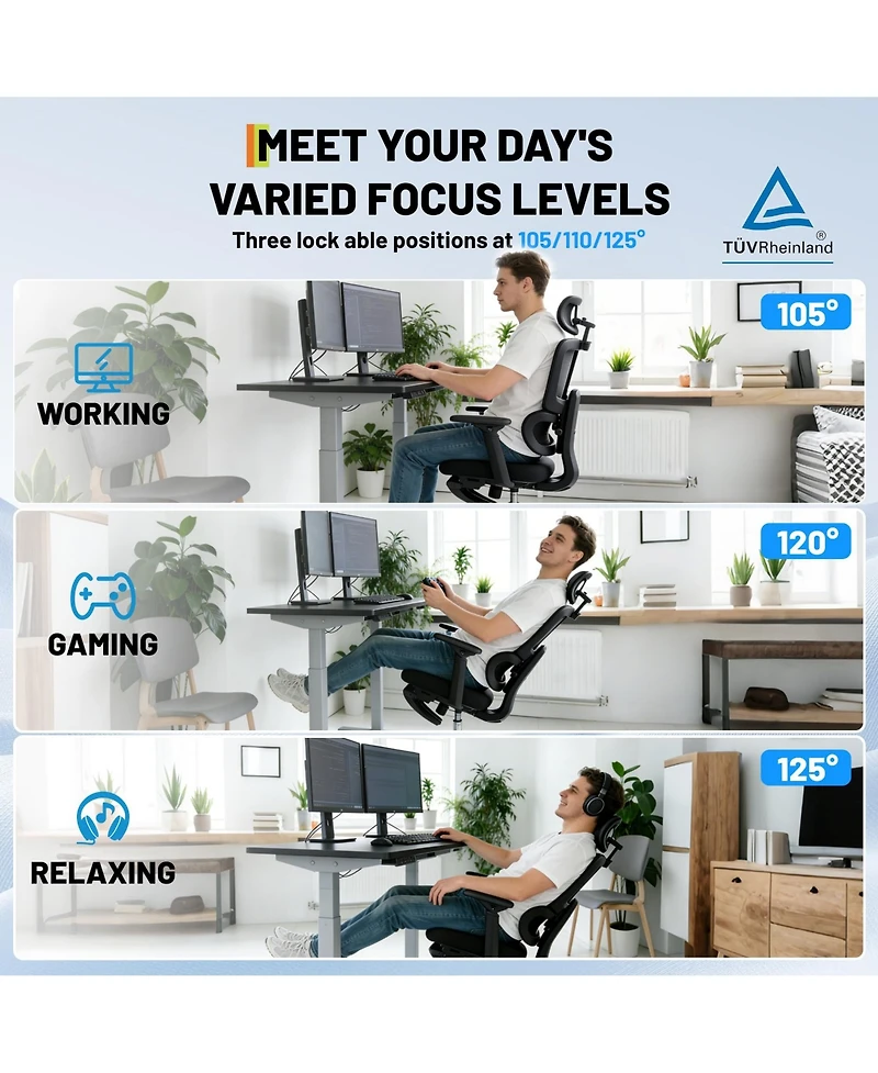 homfan Ergonomic Mesh High-Back Office Chair with Adjustable Lumbar, 4D Flip Arms, 3D Headrest, 3-Level Tilt