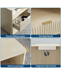 homfan Set of 2 Fluted Nightstands – Wooden Night Stand with Charging Station and Led Light, Bedside End Table with Drawer, 20"x15.7"x24", Wood Tone