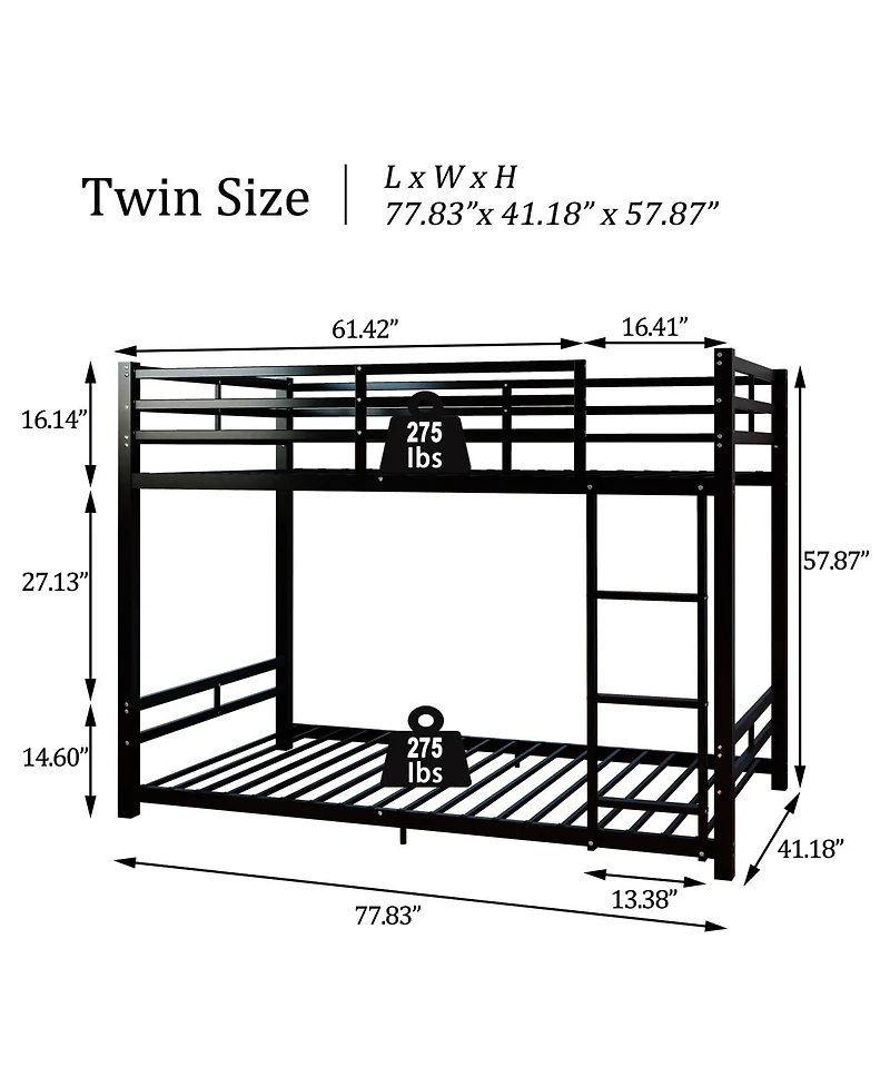 Streamdale Furniture Twin Over Twin Metal Bunk Bed with Ladder and Guardrails