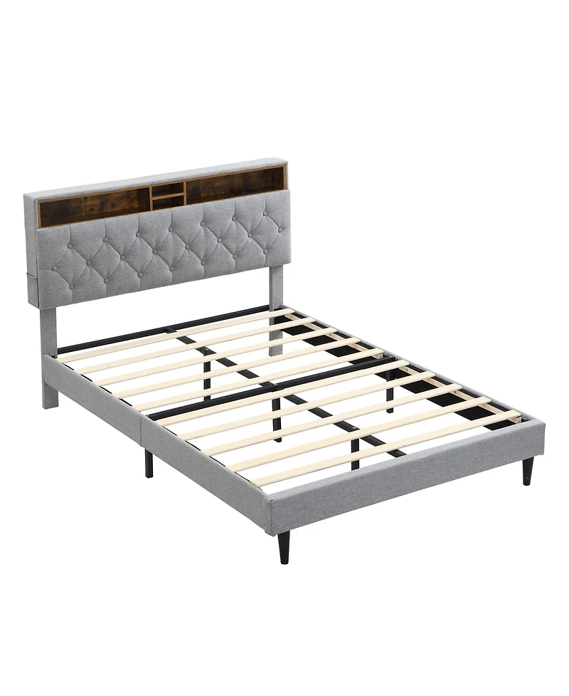 Lucky One Queen Size Upholstered Platform Bed Frame with Button-Tufted Linen Headboard, Usb Ports, Charging Station, Side Pockets