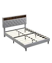 Lucky One Queen Size Upholstered Platform Bed Frame with Button-Tufted Linen Headboard, Usb Ports, Charging Station, Side Pockets