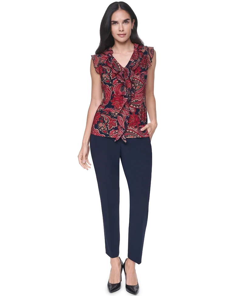 Tommy Hilfiger Women's Sleeveless Paisley V-Neck Ruffle Top