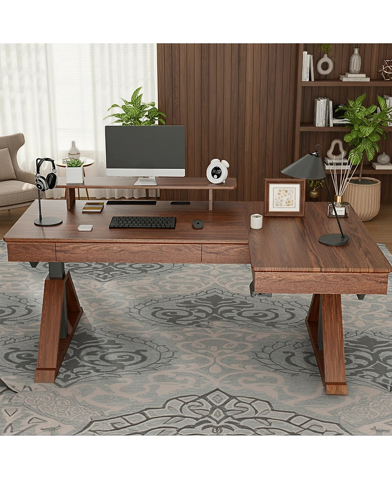 Flexispot Fusion Retro 70" L-Shaped Electric Height Adjustable Standing Desk For Home Office-Walnut Veneer