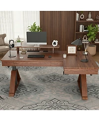 Flexispot Fusion Retro 70" L-Shaped Electric Height Adjustable Standing Desk For Home Office-Walnut Veneer