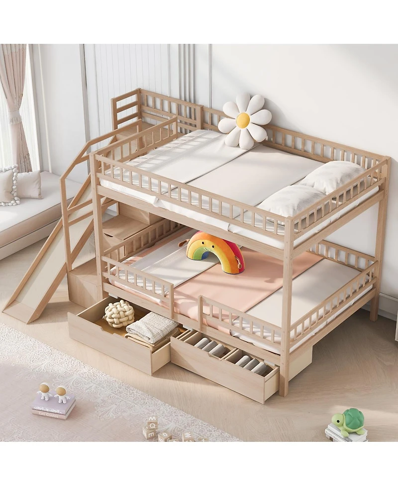 Streamdale Furniture Full over Full Bunk Bed with Storage Staircase, Slide and 2 Drawers