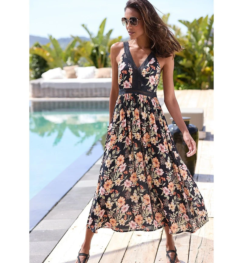 Lascana Women's Crochet Detail Floral Maxi Dress