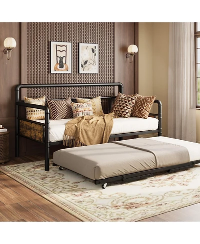 homfan Daybed with Trundle, Twin Daybed with Pop Up Trundle Set, Metal Twin Bed Frame with Steel Slat Support, Easy Assembly