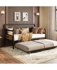 homfan Daybed with Trundle, Twin Daybed with Pop Up Trundle Set, Metal Twin Bed Frame with Steel Slat Support, Easy Assembly