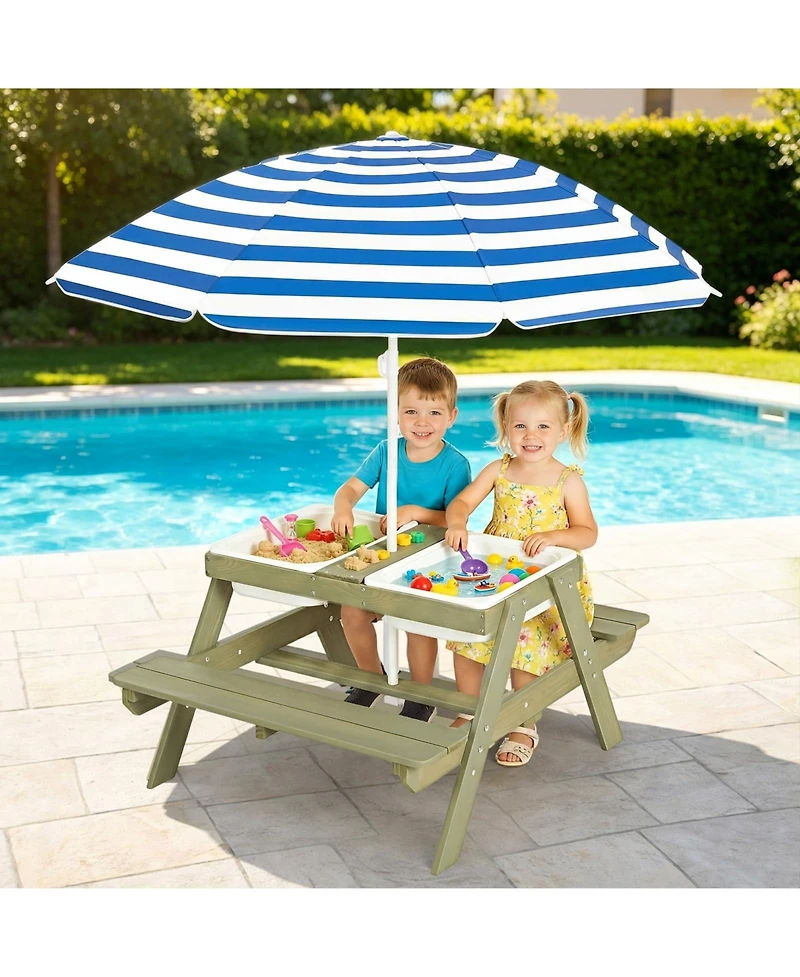 homfan 4 1 Kids Sand and Water Table, Wooden Sensory Activity Table with Removable Umbrella for Toddlers