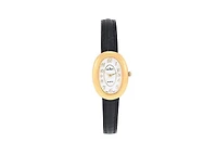 Peugeot Women's 14K Gold-Plated Petite Oval Dial with Thin Glossy Black Leather Strap