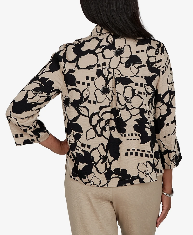 Alfred Dunner Women's Travel Advisory Geo Floral Button Front Top