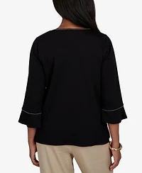 Alfred Dunner Women's Travel Advisory Scroll Leaf Embroidered Top