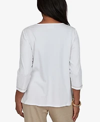 Alfred Dunner Women's Travel Advisory Floral Butterfly Line Embroidered Top