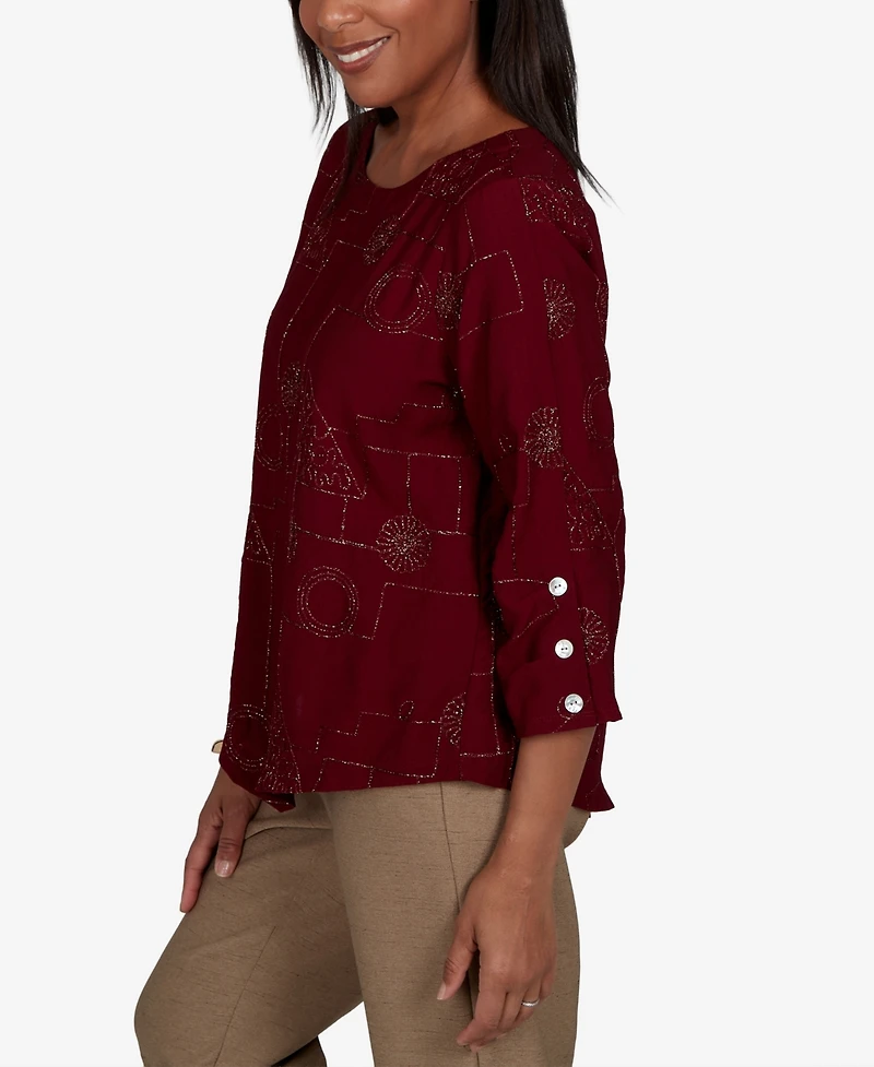 Alfred Dunner Women's Union Square Sparkle Soutache Geo Floral Top