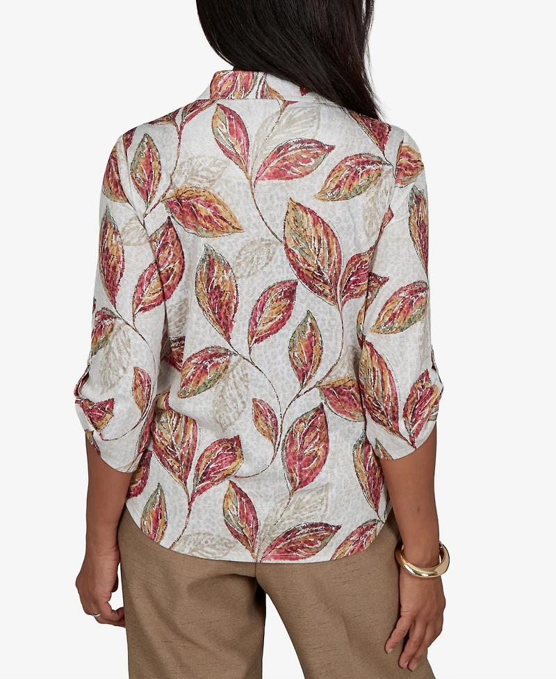 Alfred Dunner Women's Union Square Sketched Leaf Button Front Knit Top