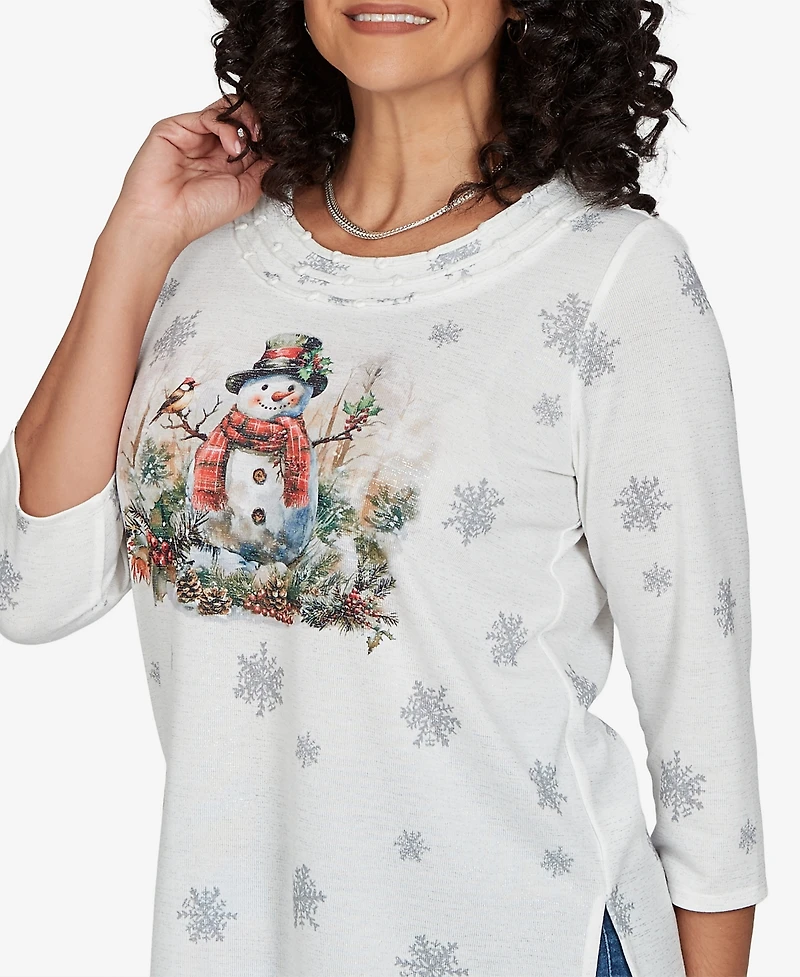 Alfred Dunner Women's Classic Shimmering Snowman Knit Top