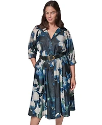 Donna Karan New York Plus Collared Belted Printed Midi Shirtdress