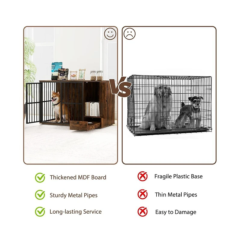 Ruie Dog Crate Furniture End Table with Hidden Pull-Out Feeder Bowls