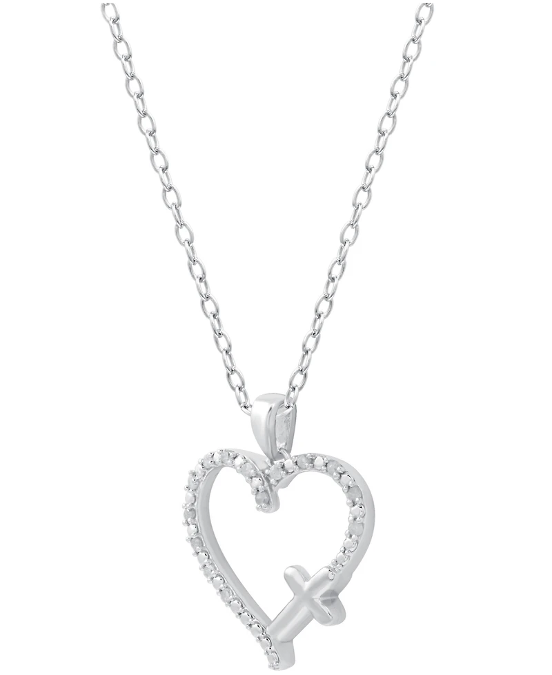 Diamond Heart & Cross 18" Pendant Necklace (1/10 ct. t.w.) Sterling Silver or 14k Gold-Plate