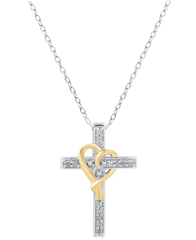 Diamond Cross & Heart 18" Pendant Necklace (1/10 ct. t.w.) in Sterling Silver & 14k Gold-Plate