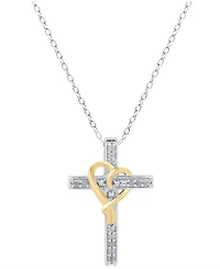 Diamond Cross & Heart 18" Pendant Necklace (1/10 ct. t.w.) in Sterling Silver & 14k Gold-Plate