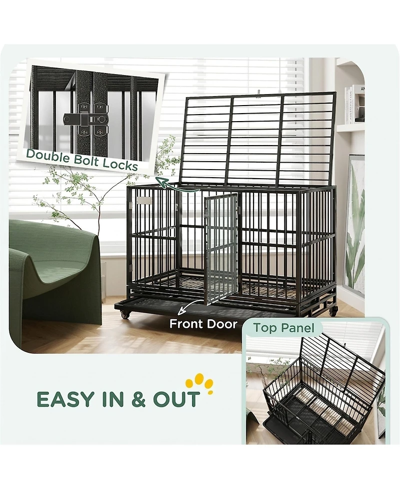 Ruie Heavy Duty Metal Dog Crate Kennel with Wheels and Removable Tray