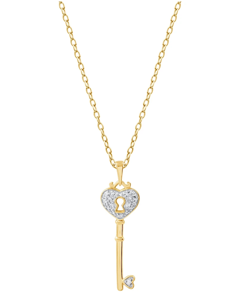Diamond Heart Lock Key Pendant Necklace in 18k Gold over Sterling Silver(1/10 ct. t.w.)