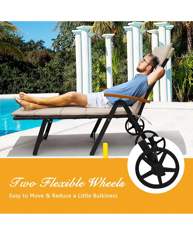 Costway Folding Patio Rattan Lounge Chair Chaise Cushioned Aluminum Adjust Wheel