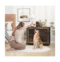 Ruie Dog Crate Furniture End Table with Double Lockable Doors Pull-Out Tray