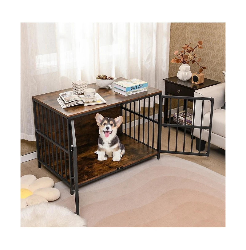 Ruie Dog Crate Furniture Kennel End Table with Dual Lockable Double Doors