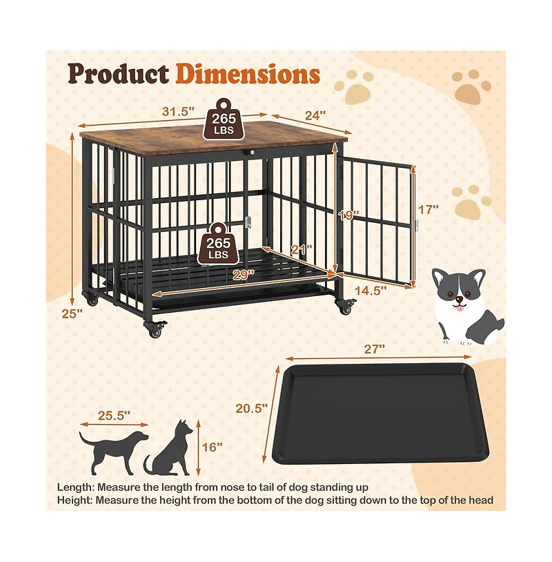 Ruie Foldable Dog Crate Furniture End Table Removable Tray Lockable Door Wheels