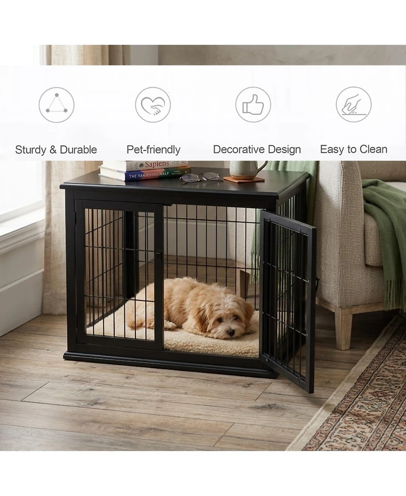 Ruie Wooden Dog Crate Furniture End Table with Two Lockable Doors