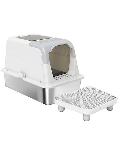 Ruie Extra Large Enclosed Stainless Steel Cat Litter Box with Scoop